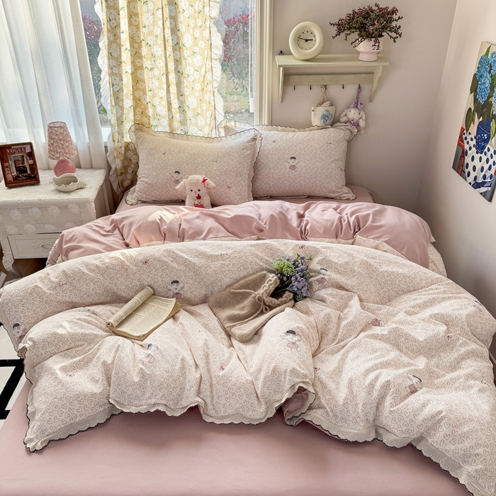 91家纺网 家纺一手货源 找家纺 梦纤绒 2026新款A类仿棉古法水洗棉法式全棉花边四件套甜心萌宠