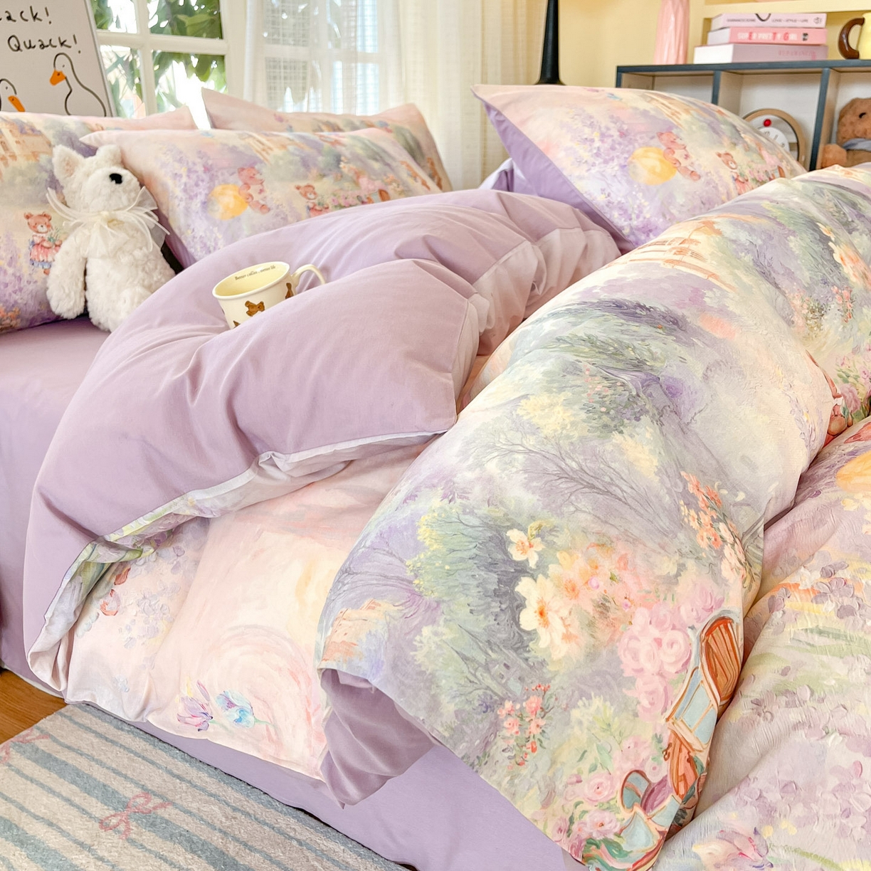 91家纺网 家纺一手货源 找家纺 睡美美家纺 2026新款13070数码印花全棉纯棉动物卡通三件套四件套 花车小熊-紫