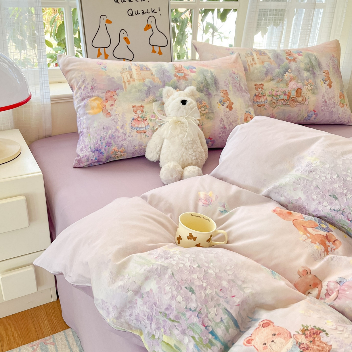 91家纺网 家纺一手货源 找家纺 睡美美家纺 2026新款13070数码印花全棉纯棉动物卡通三件套四件套 花车小熊-紫