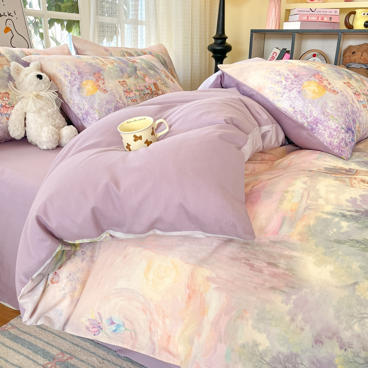 91家纺网 家纺一手货源 找家纺 睡美美家纺 2026新款13070数码印花全棉纯棉动物卡通三件套四件套 花车小熊-紫