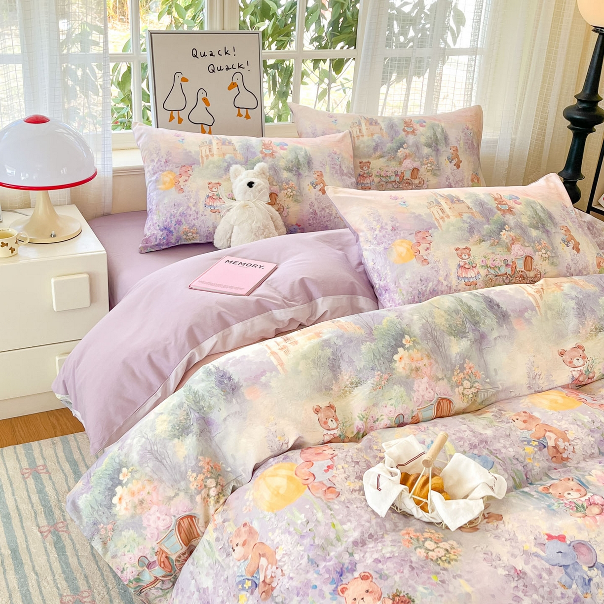 91家纺网 家纺一手货源 找家纺 睡美美家纺 2026新款13070数码印花全棉纯棉动物卡通三件套四件套 花车小熊-紫