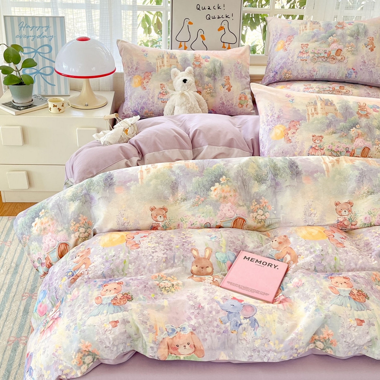 91家纺网 家纺一手货源 找家纺 睡美美家纺 2026新款13070数码印花全棉纯棉动物卡通三件套四件套 花车小熊-紫