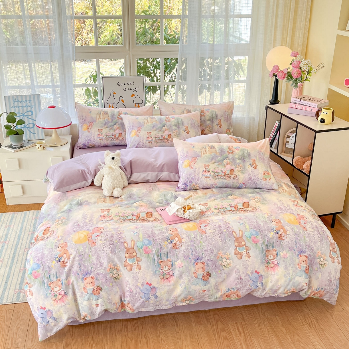 91家纺网 家纺一手货源 找家纺 睡美美家纺 2026新款13070数码印花全棉纯棉动物卡通三件套四件套 花车小熊-紫