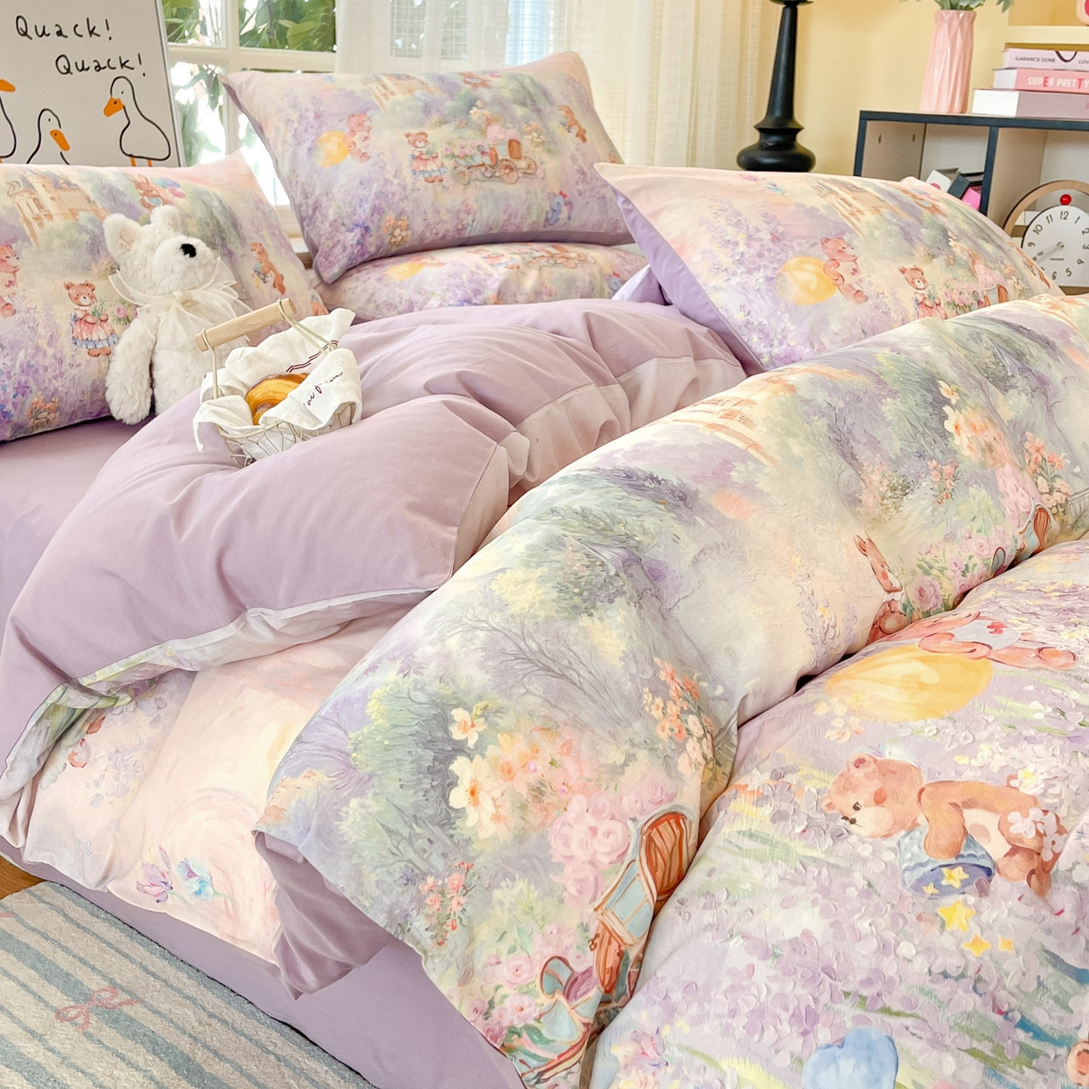 91家纺网 家纺一手货源 找家纺 睡美美家纺 2026新款13070数码印花全棉纯棉动物卡通三件套四件套 花车小熊-紫