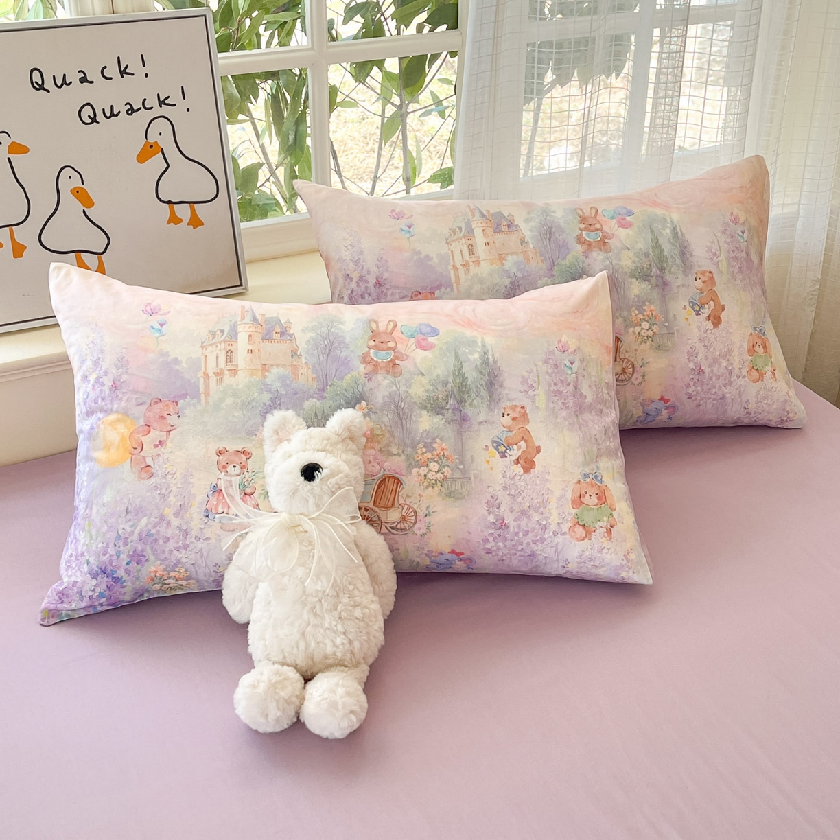 91家纺网 家纺一手货源 找家纺 睡美美家纺 2026新款13070数码印花全棉纯棉动物卡通三件套四件套 花车小熊-紫