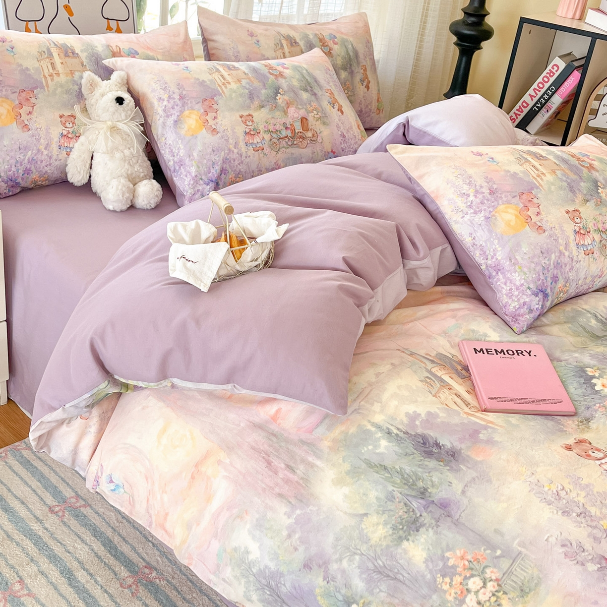 91家纺网 家纺一手货源 找家纺 睡美美家纺 2026新款13070数码印花全棉纯棉动物卡通三件套四件套 花车小熊-紫