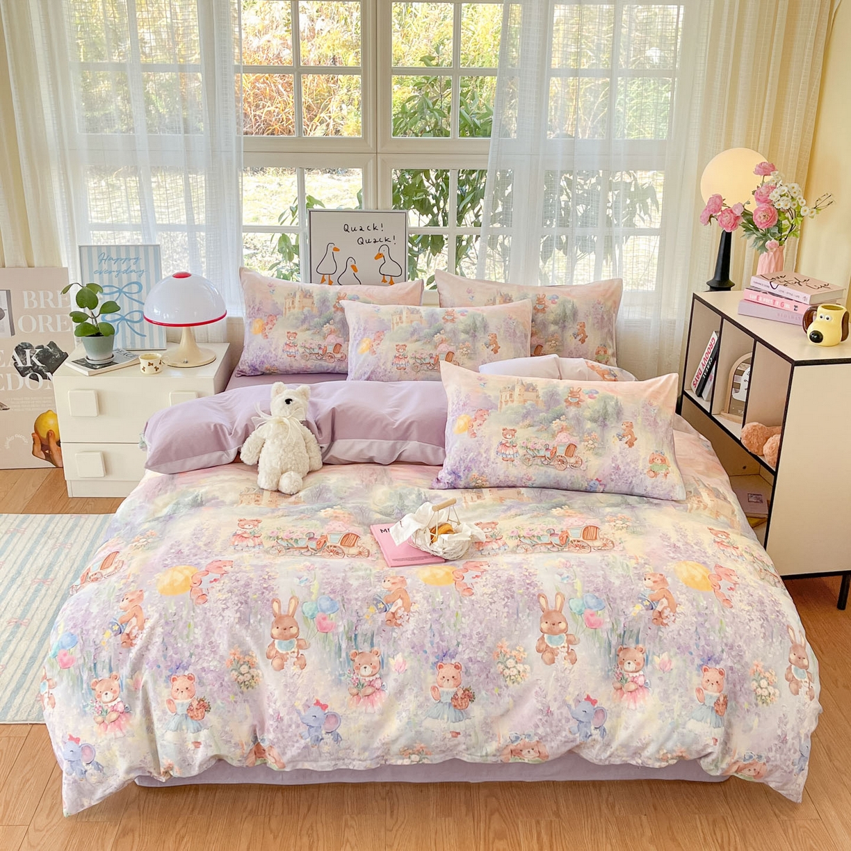 91家纺网 家纺一手货源 找家纺 睡美美家纺 2026新款13070数码印花全棉纯棉动物卡通三件套四件套 花车小熊-紫