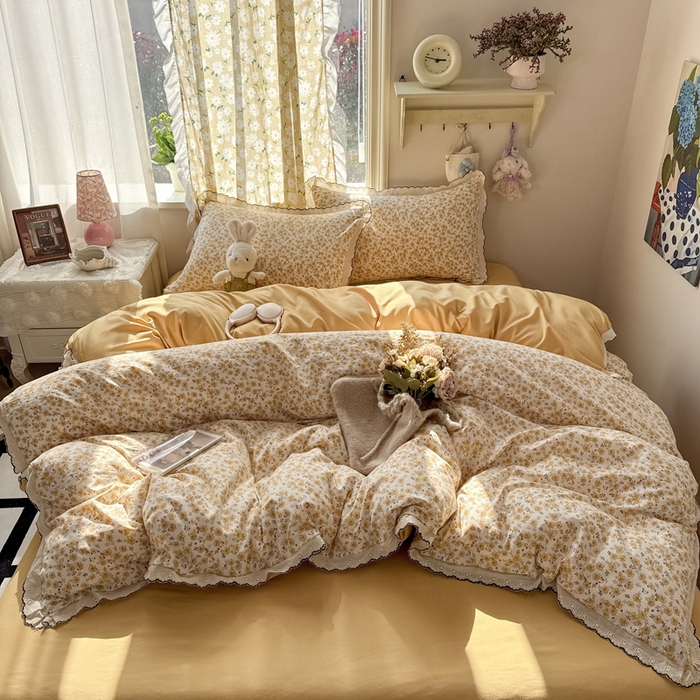 91家纺网 家纺一手货源 找家纺 梦纤绒 2026新款A类仿棉古法水洗棉法式全棉花边四件套小黄花