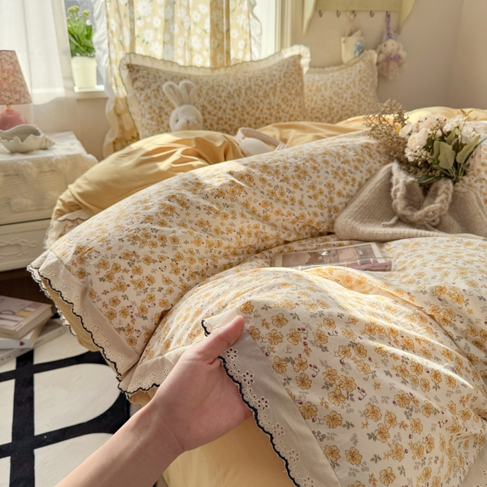 91家纺网 家纺一手货源 找家纺 梦纤绒 2026新款A类仿棉古法水洗棉法式全棉花边四件套小黄花