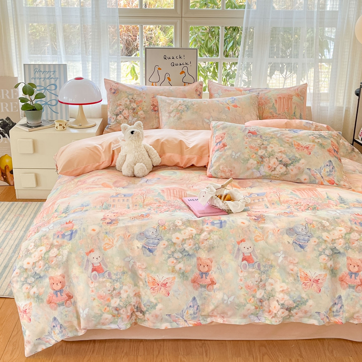 91家纺网 家纺一手货源 找家纺 睡美美家纺 2026新款13070数码印花全棉纯棉动物卡通三件套四件套 梦幻城堡-粉