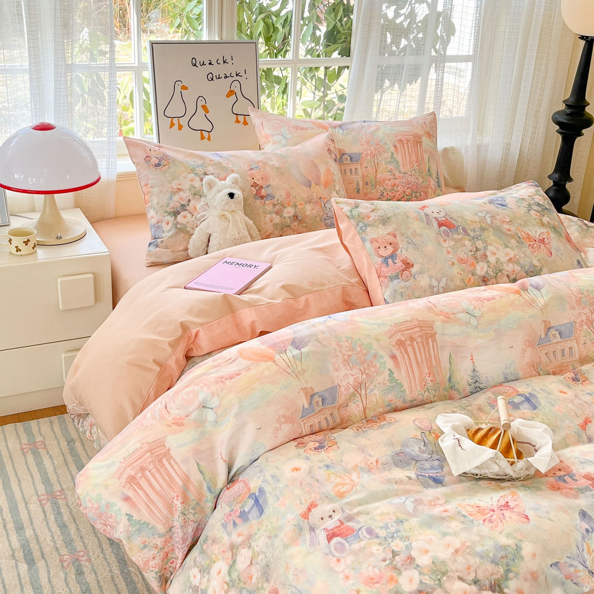 91家纺网 家纺一手货源 找家纺 睡美美家纺 2026新款13070数码印花全棉纯棉动物卡通三件套四件套 梦幻城堡-粉