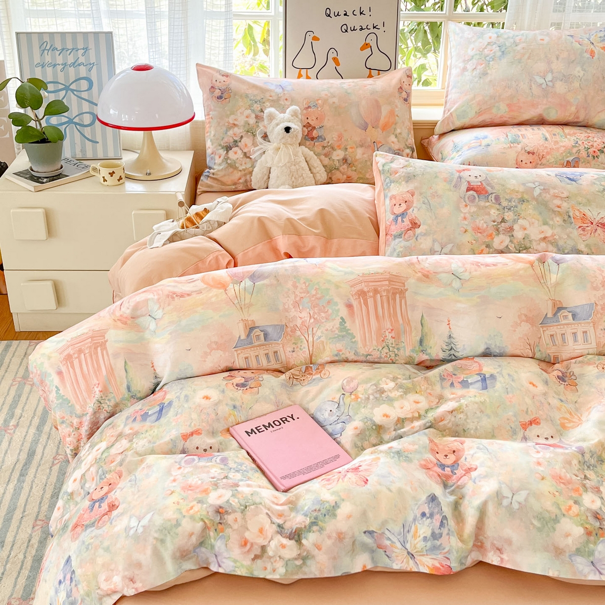 91家纺网 家纺一手货源 找家纺 睡美美家纺 2026新款13070数码印花全棉纯棉动物卡通三件套四件套 梦幻城堡-粉