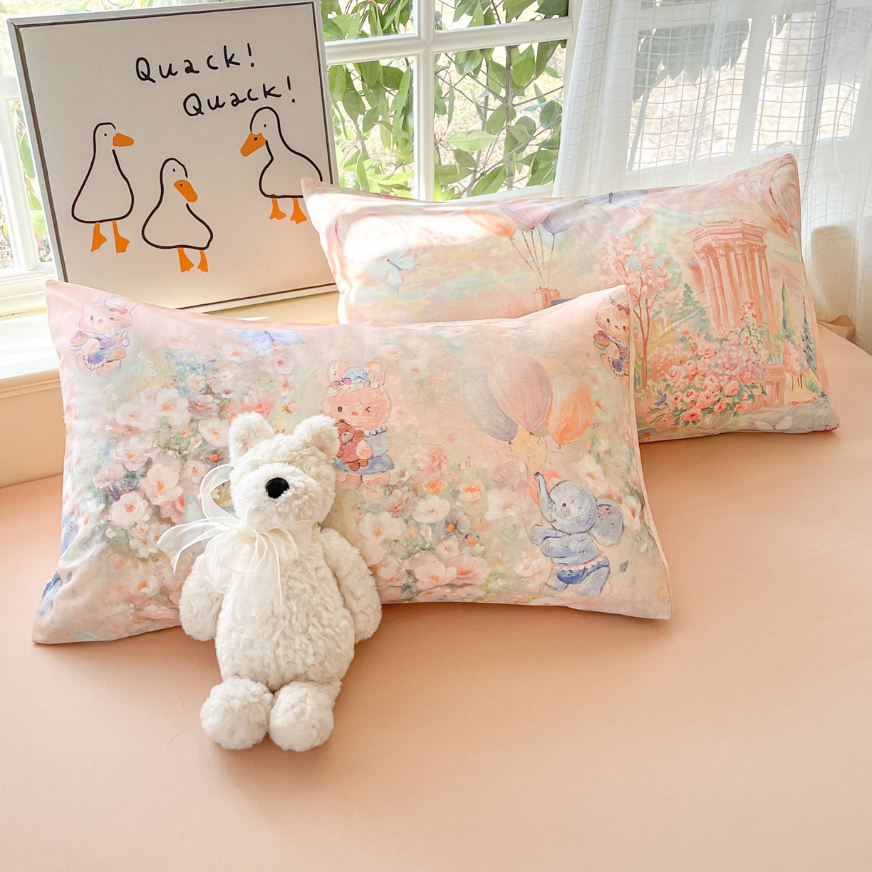 91家纺网 家纺一手货源 找家纺 睡美美家纺 2026新款13070数码印花全棉纯棉动物卡通三件套四件套 梦幻城堡-粉