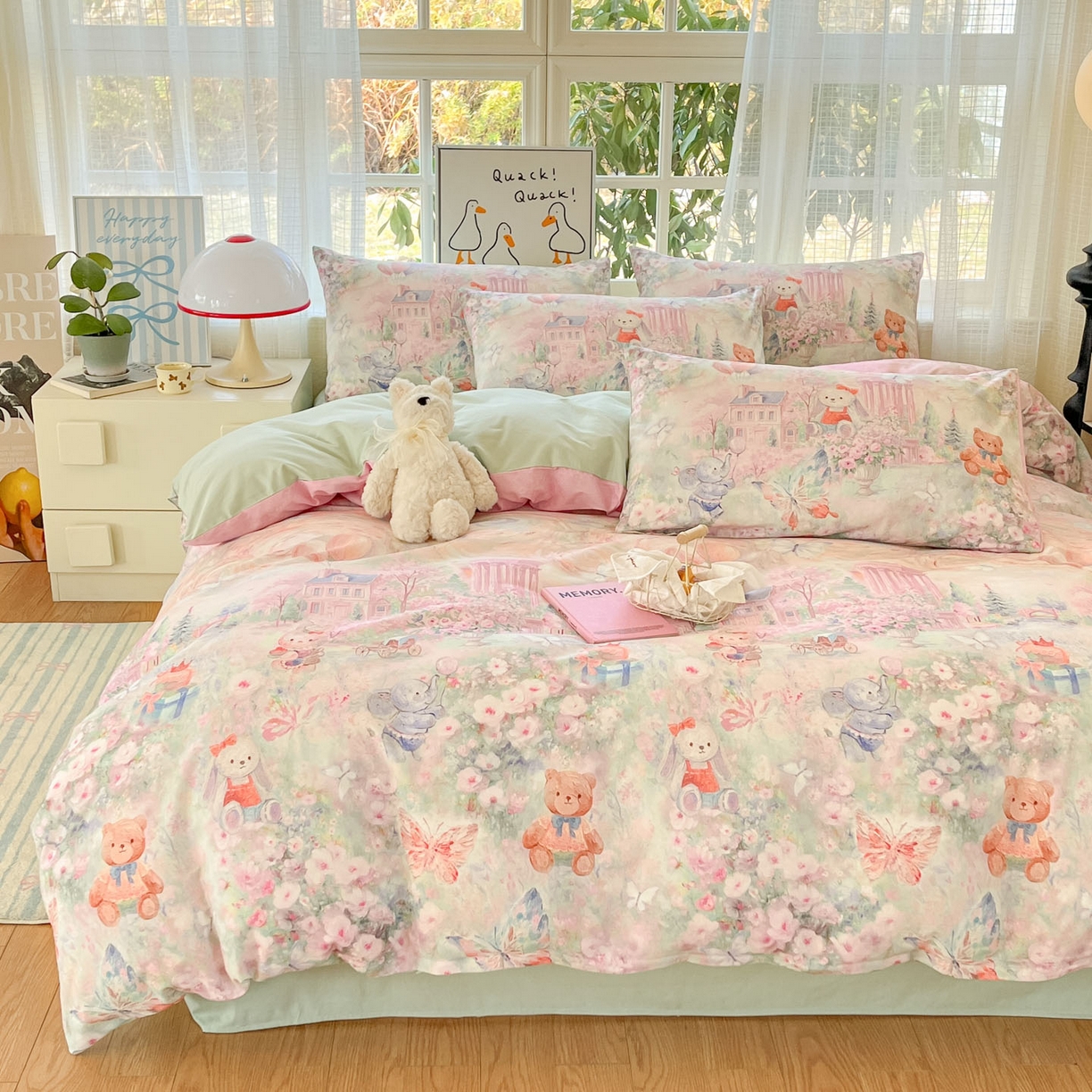 91家纺网 家纺一手货源 找家纺 睡美美家纺 2026新款13070数码印花全棉纯棉动物卡通三件套四件套 梦幻城堡-绿