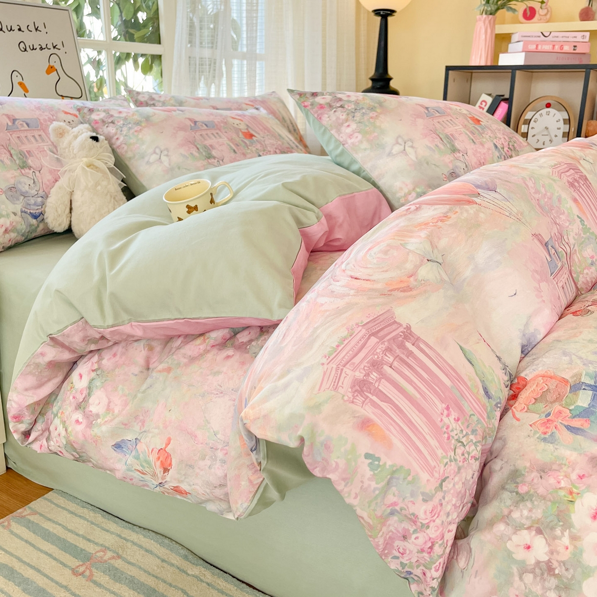 91家纺网 家纺一手货源 找家纺 睡美美家纺 2026新款13070数码印花全棉纯棉动物卡通三件套四件套 梦幻城堡-绿