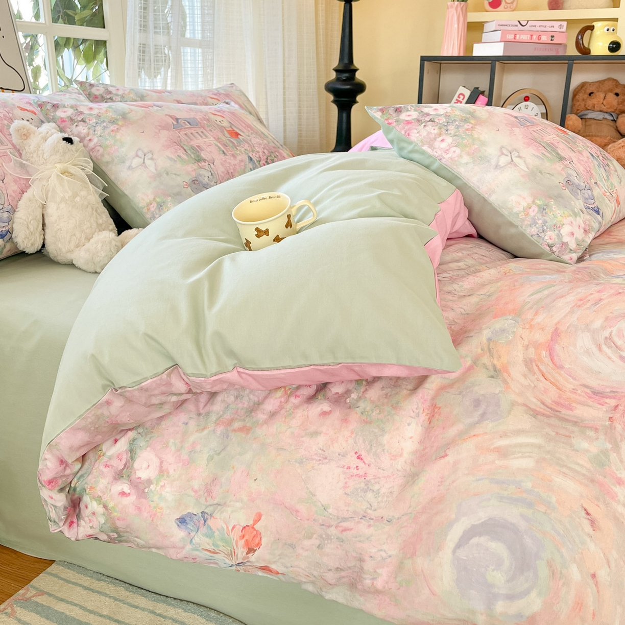 91家纺网 家纺一手货源 找家纺 睡美美家纺 2026新款13070数码印花全棉纯棉动物卡通三件套四件套 梦幻城堡-绿