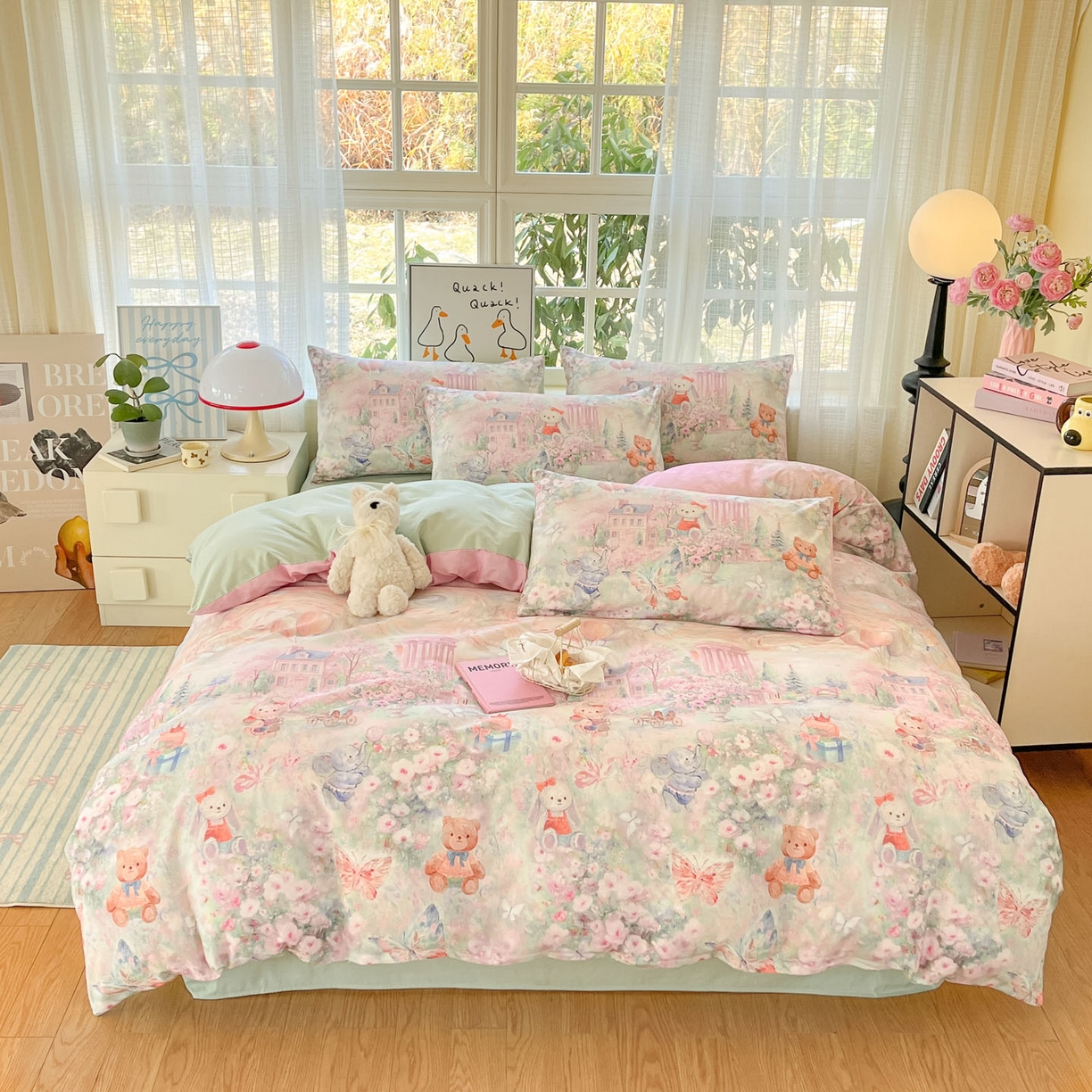 91家纺网 家纺一手货源 找家纺 睡美美家纺 2026新款13070数码印花全棉纯棉动物卡通三件套四件套 梦幻城堡-绿