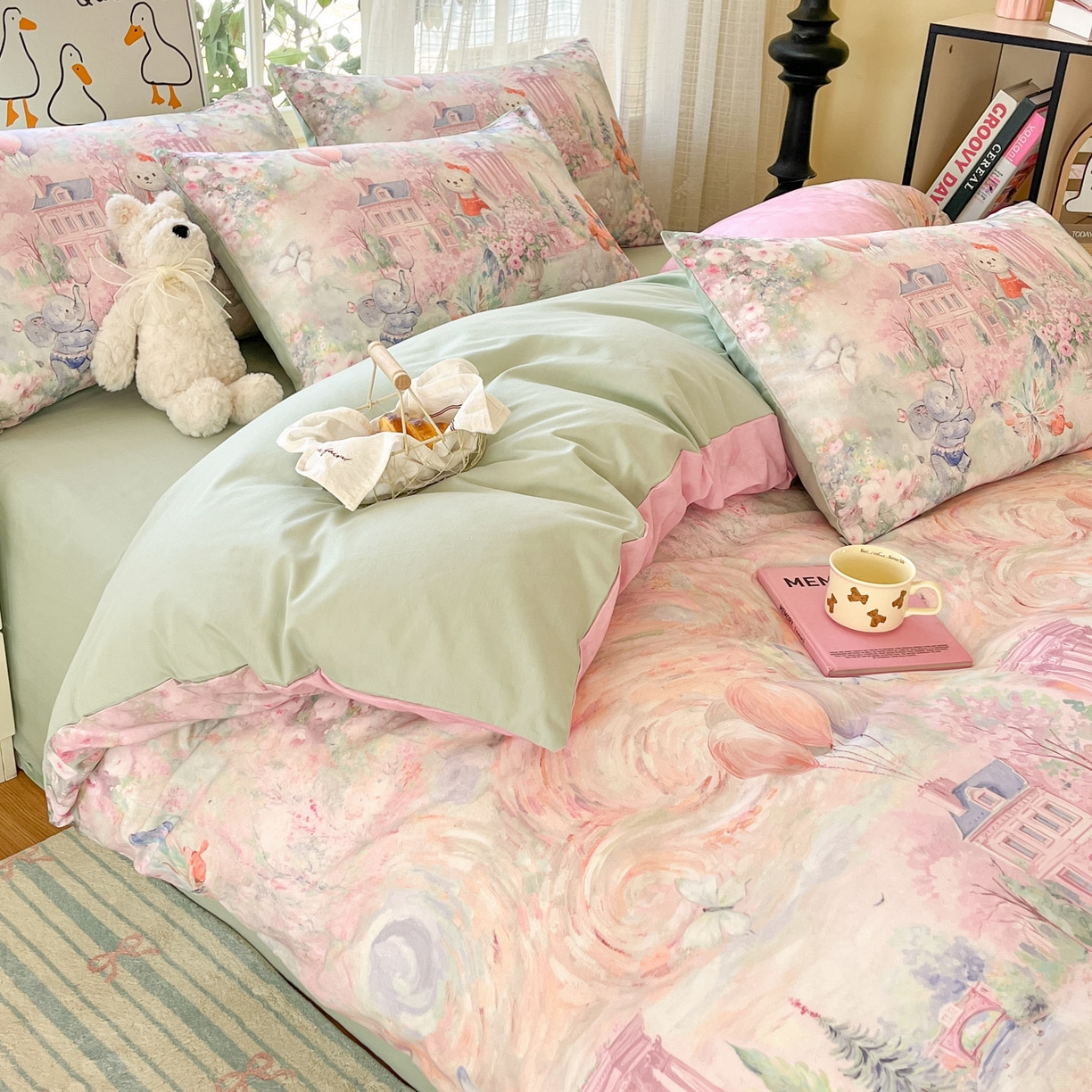 91家纺网 家纺一手货源 找家纺 睡美美家纺 2026新款13070数码印花全棉纯棉动物卡通三件套四件套 梦幻城堡-绿