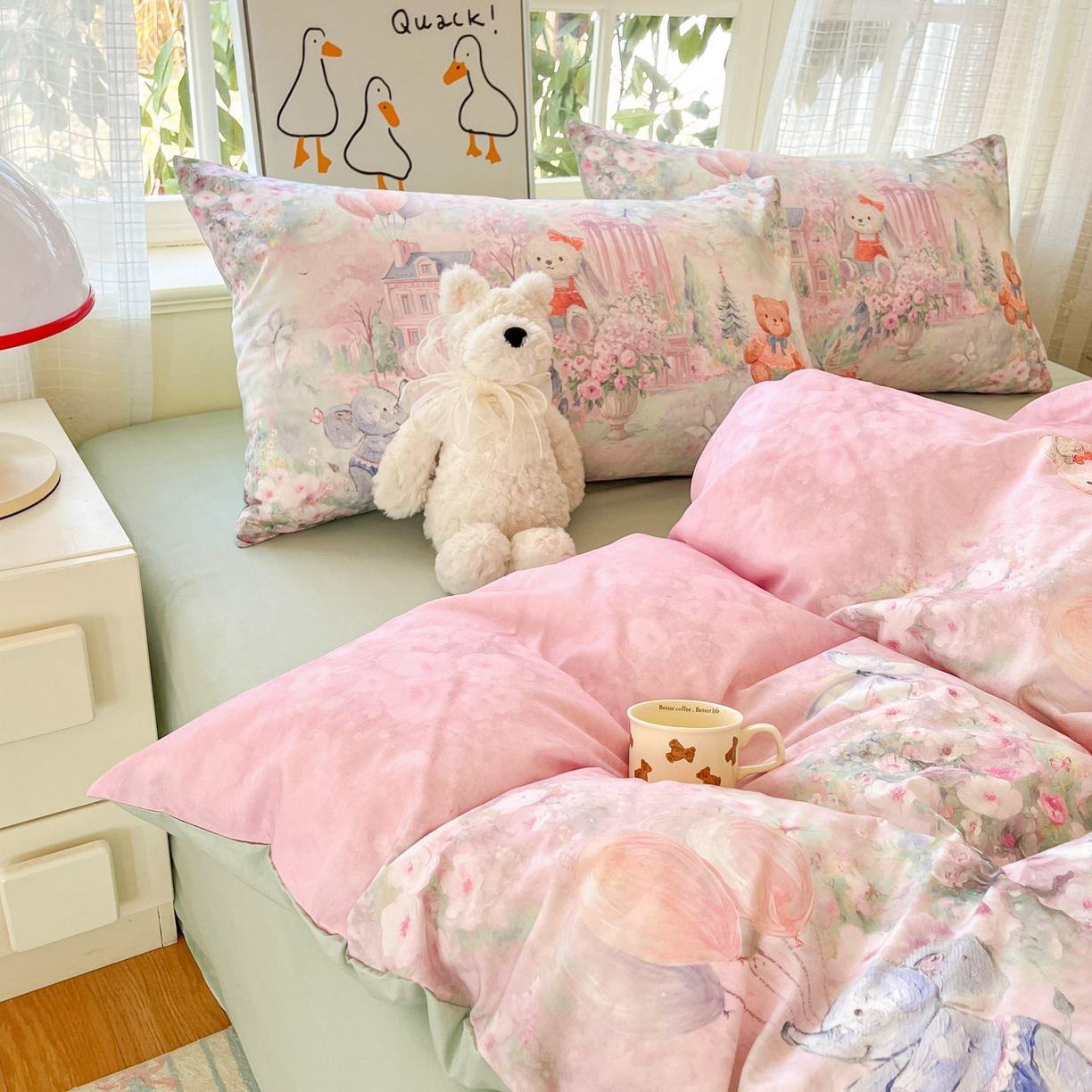 91家纺网 家纺一手货源 找家纺 睡美美家纺 2026新款13070数码印花全棉纯棉动物卡通三件套四件套 梦幻城堡-绿