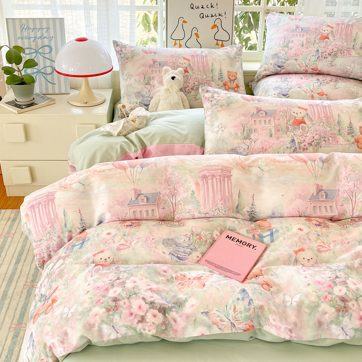 91家纺网 家纺一手货源 找家纺 睡美美家纺 2026新款13070数码印花全棉纯棉动物卡通三件套四件套 梦幻城堡-绿