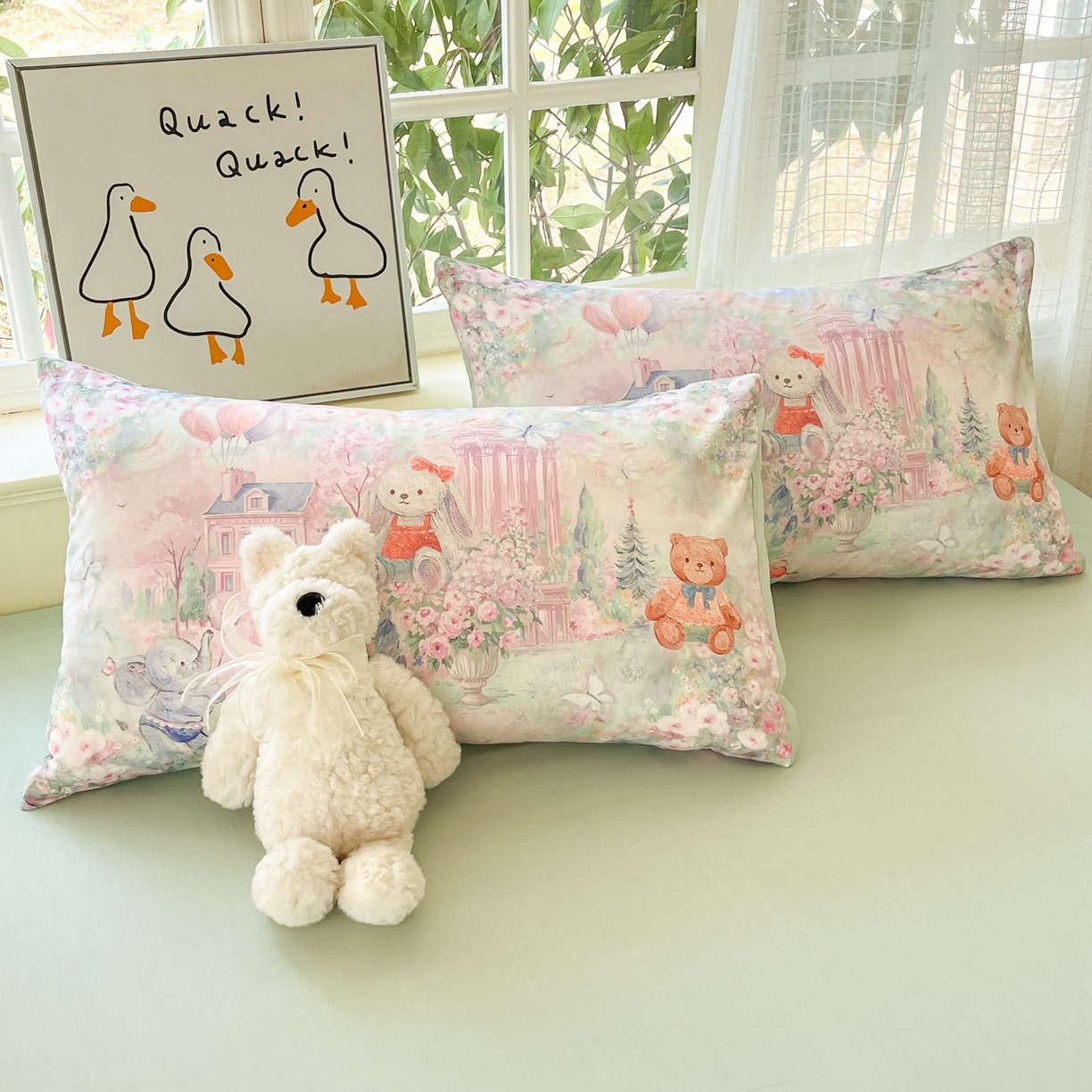 91家纺网 家纺一手货源 找家纺 睡美美家纺 2026新款13070数码印花全棉纯棉动物卡通三件套四件套 梦幻城堡-绿