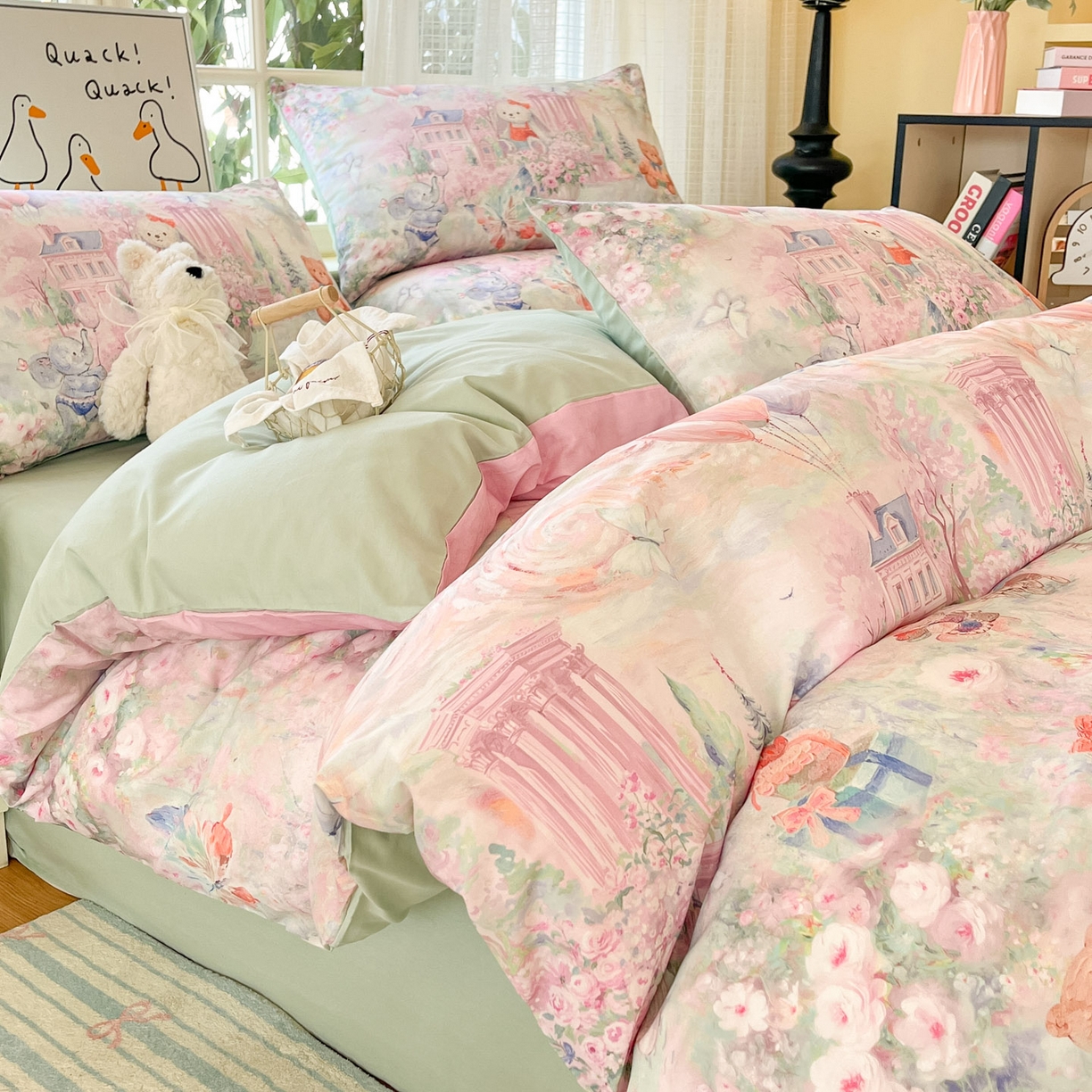 91家纺网 家纺一手货源 找家纺 睡美美家纺 2026新款13070数码印花全棉纯棉动物卡通三件套四件套 梦幻城堡-绿