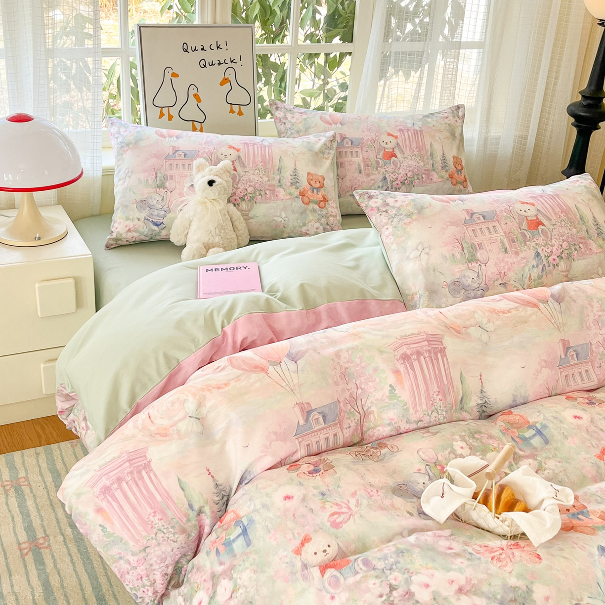 91家纺网 家纺一手货源 找家纺 睡美美家纺 2026新款13070数码印花全棉纯棉动物卡通三件套四件套 梦幻城堡-绿