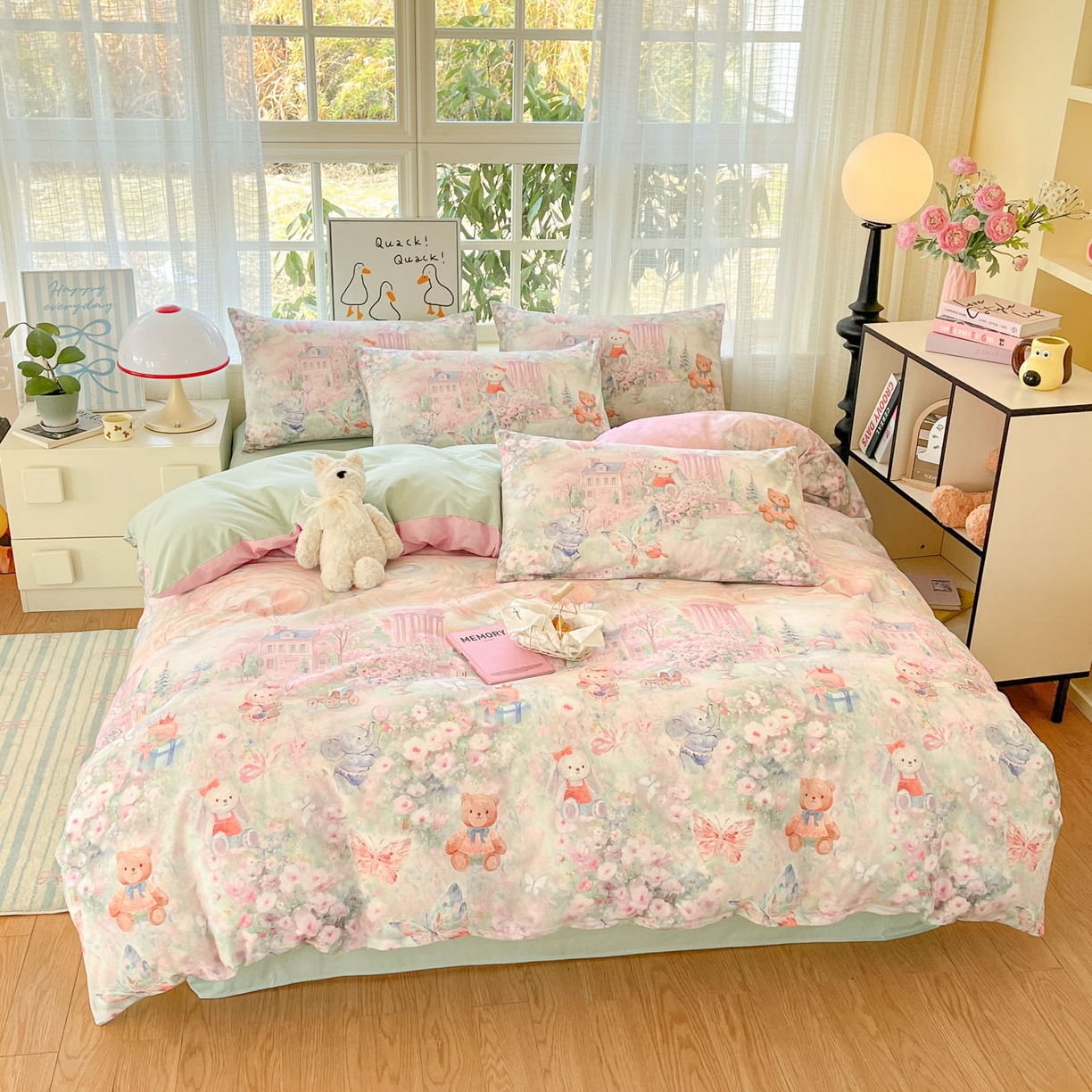 91家纺网 家纺一手货源 找家纺 睡美美家纺 2026新款13070数码印花全棉纯棉动物卡通三件套四件套 梦幻城堡-绿