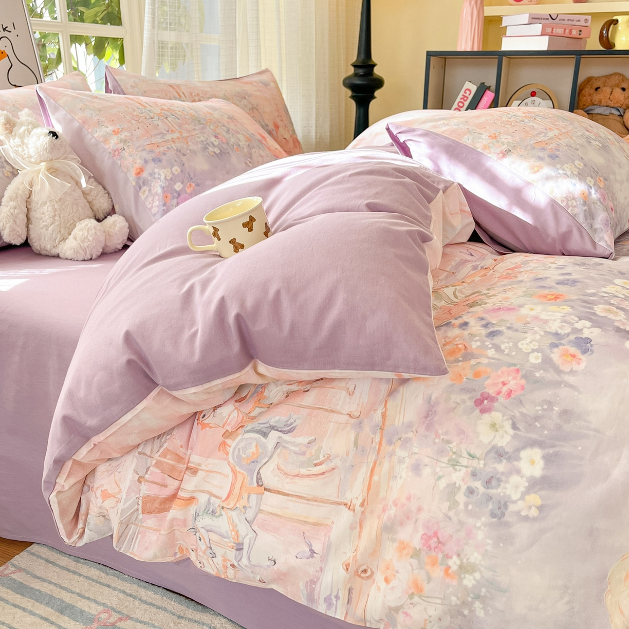 91家纺网 家纺一手货源 找家纺 睡美美家纺 2026新款13070数码印花全棉纯棉动物卡通三件套四件套 木马小象