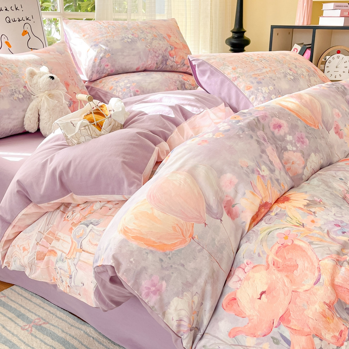 91家纺网 家纺一手货源 找家纺 睡美美家纺 2026新款13070数码印花全棉纯棉动物卡通三件套四件套 木马小象