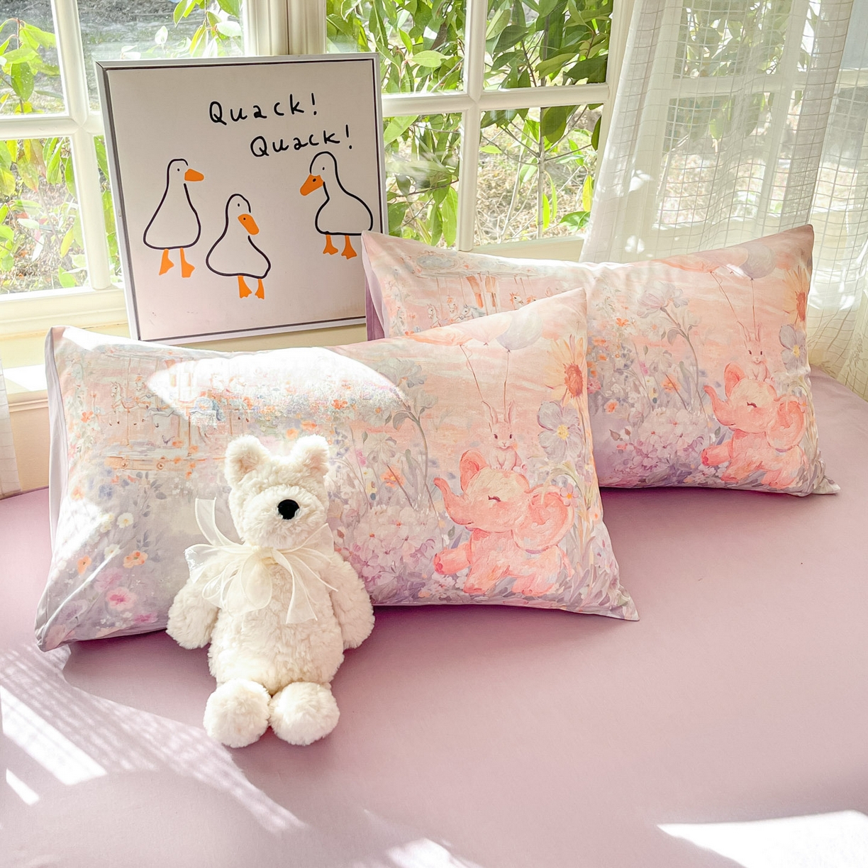 91家纺网 家纺一手货源 找家纺 睡美美家纺 2026新款13070数码印花全棉纯棉动物卡通三件套四件套 木马小象