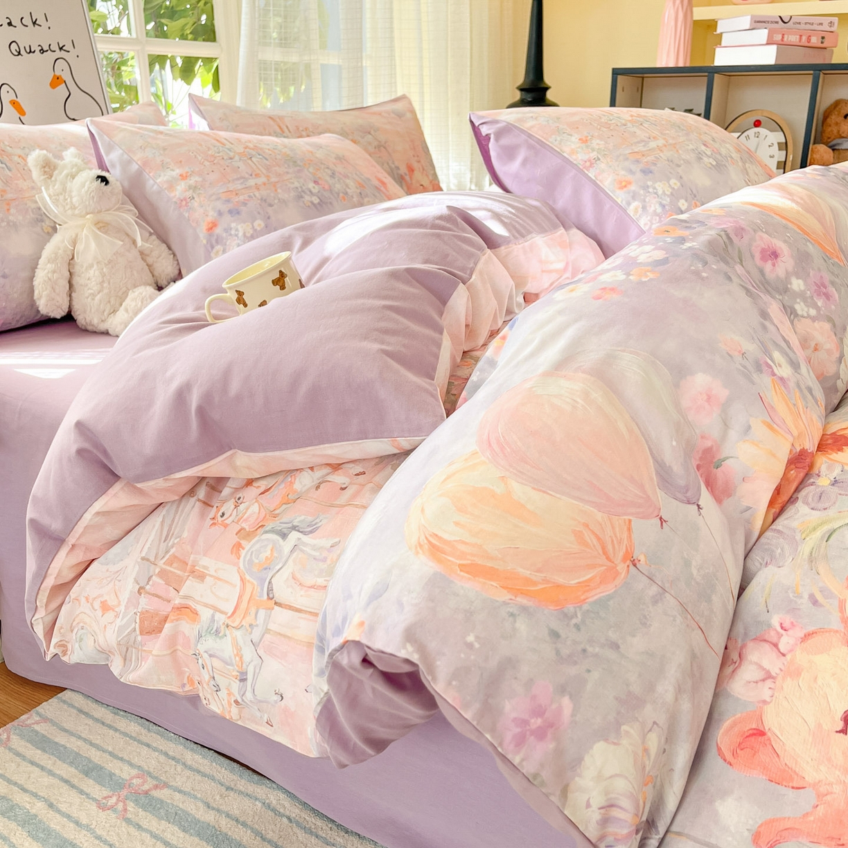 91家纺网 家纺一手货源 找家纺 睡美美家纺 2026新款13070数码印花全棉纯棉动物卡通三件套四件套 木马小象