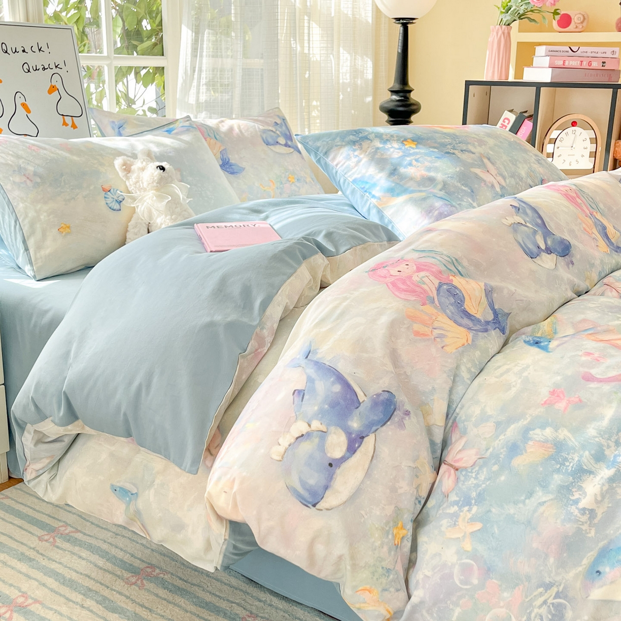 睡美美家纺 2026新款13070数码印花全棉纯棉动物卡通三件套四件套 人鱼公主