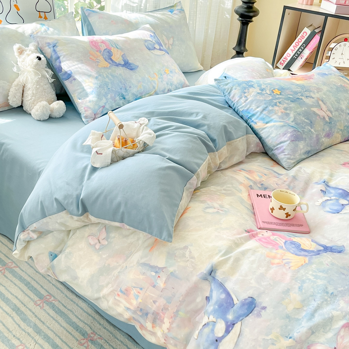 91家纺网 家纺一手货源 找家纺 睡美美家纺 2026新款13070数码印花全棉纯棉动物卡通三件套四件套 人鱼公主