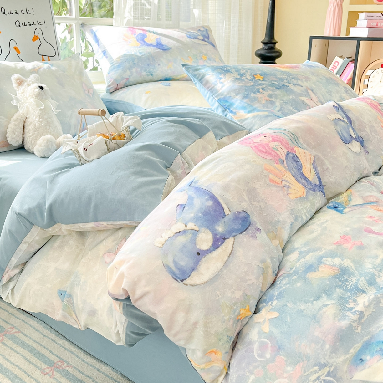 91家纺网 家纺一手货源 找家纺 睡美美家纺 2026新款13070数码印花全棉纯棉动物卡通三件套四件套 人鱼公主