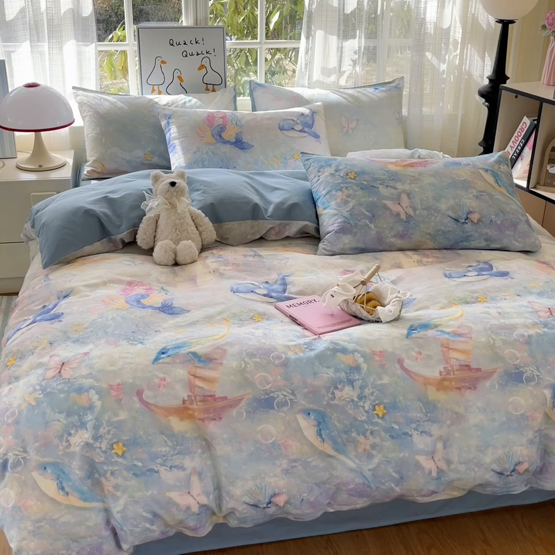 91家纺网 家纺一手货源 找家纺 睡美美家纺 2026新款13070数码印花全棉纯棉动物卡通三件套四件套 人鱼公主