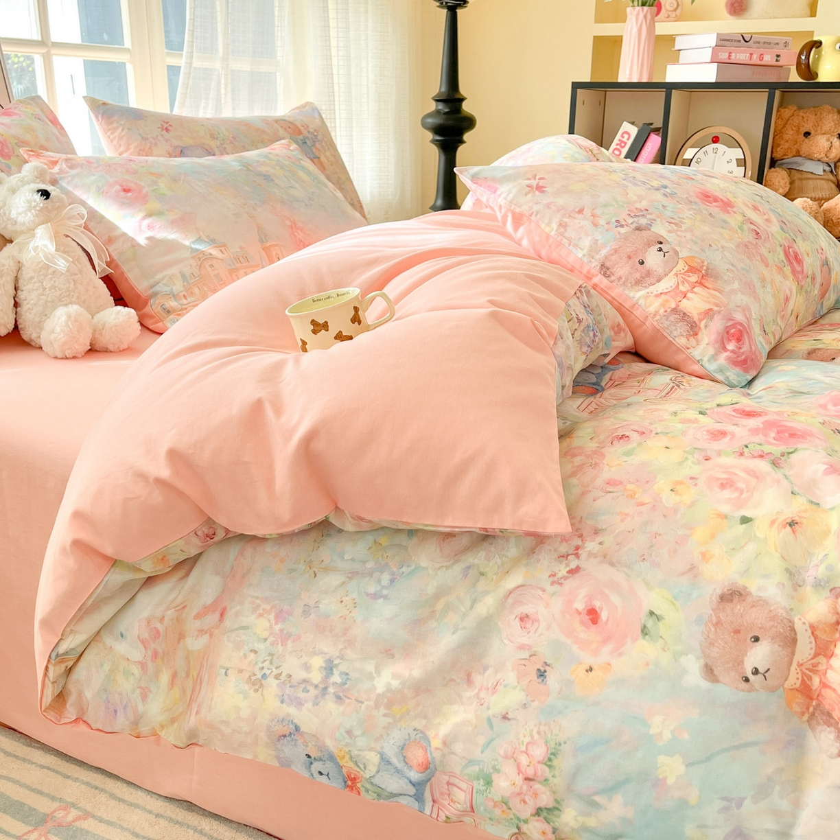 91家纺网 家纺一手货源 找家纺 睡美美家纺 2026新款13070数码印花全棉纯棉动物卡通三件套四件套 熊仔的玫瑰园