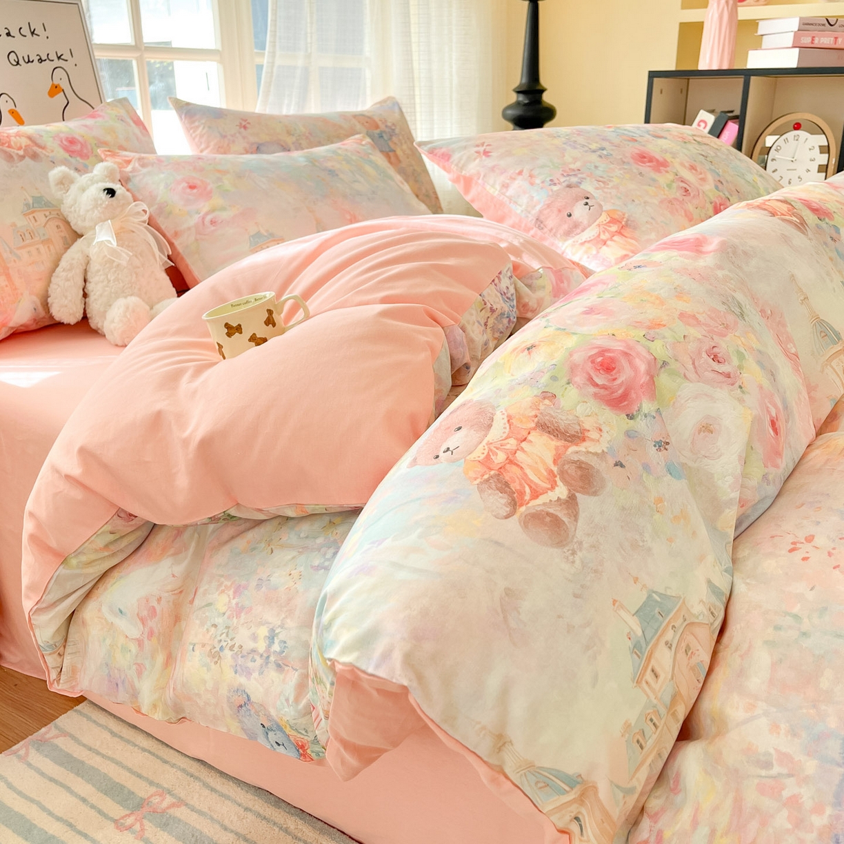 91家纺网 家纺一手货源 找家纺 睡美美家纺 2026新款13070数码印花全棉纯棉动物卡通三件套四件套 熊仔的玫瑰园