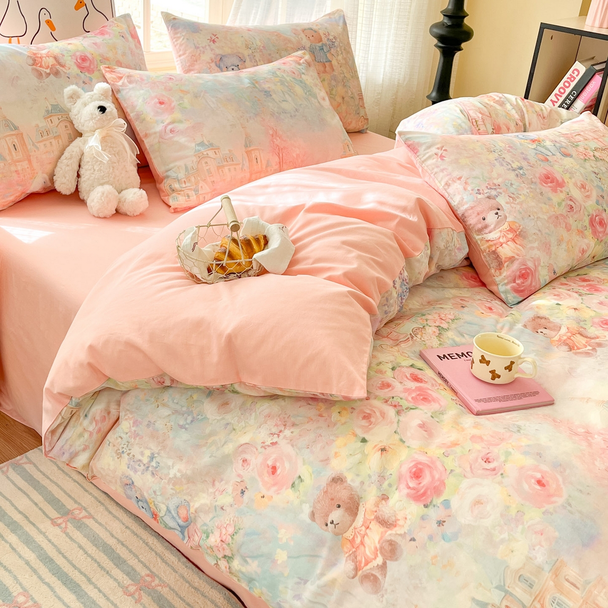 91家纺网 家纺一手货源 找家纺 睡美美家纺 2026新款13070数码印花全棉纯棉动物卡通三件套四件套 熊仔的玫瑰园