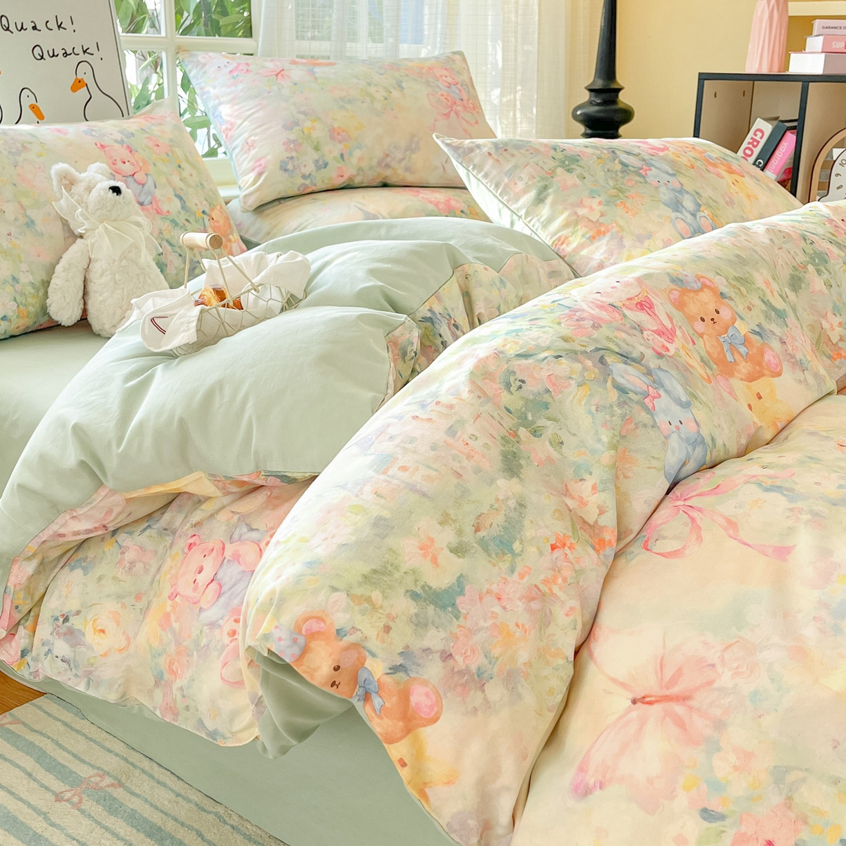 91家纺网 家纺一手货源 找家纺 睡美美家纺 2026新款13070数码印花全棉纯棉动物卡通三件套四件套 悠悠花园