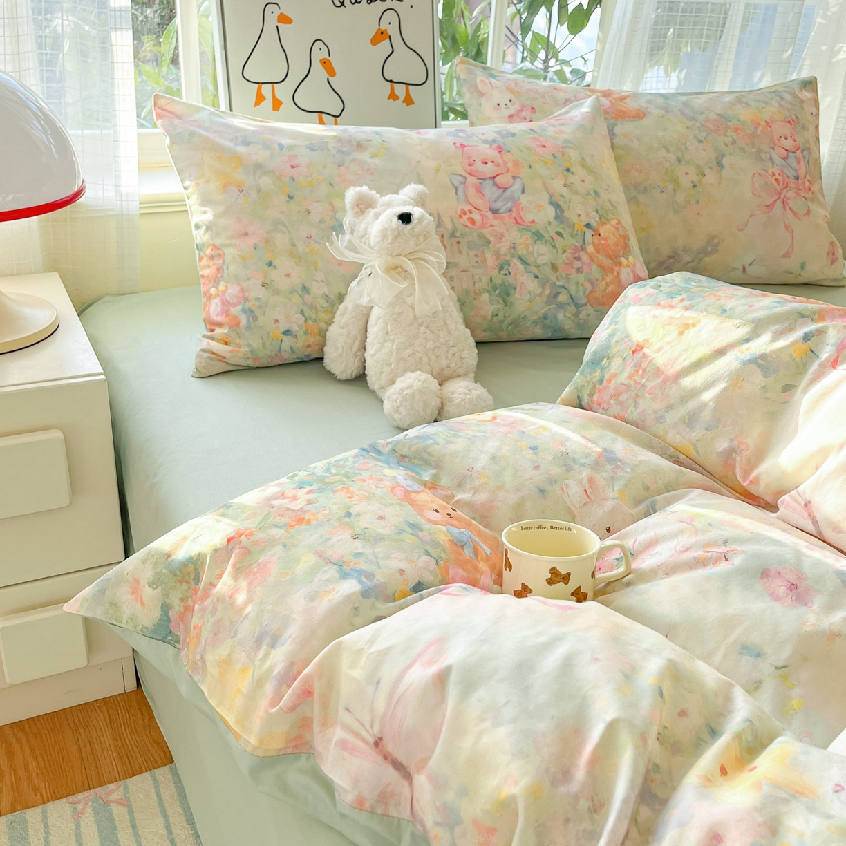 91家纺网 家纺一手货源 找家纺 睡美美家纺 2026新款13070数码印花全棉纯棉动物卡通三件套四件套 悠悠花园