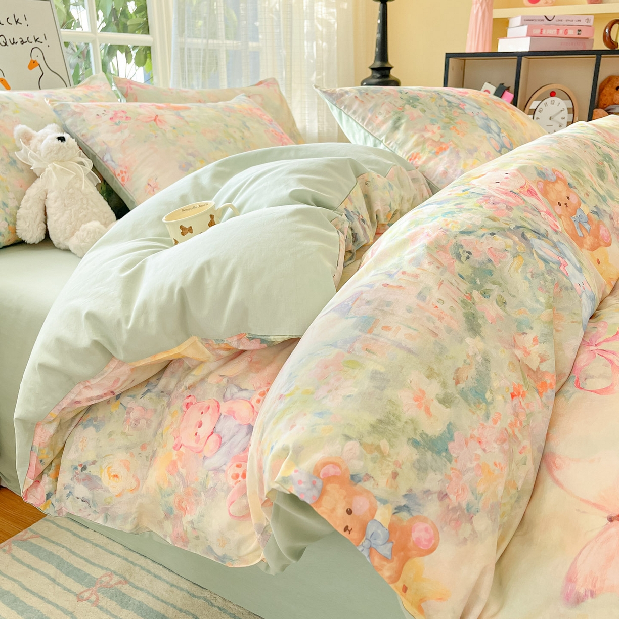 91家纺网 家纺一手货源 找家纺 睡美美家纺 2026新款13070数码印花全棉纯棉动物卡通三件套四件套 悠悠花园