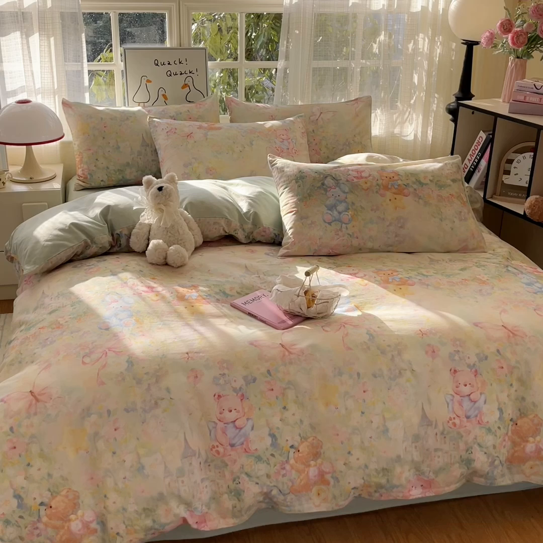 91家纺网 家纺一手货源 找家纺 睡美美家纺 2026新款13070数码印花全棉纯棉动物卡通三件套四件套 悠悠花园