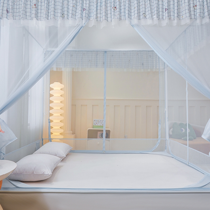 91家纺网 家纺一手货源 找家纺 青竹苑 2026新款花边款床笠底防摔坐床蚊帐 坐床-格子小动物