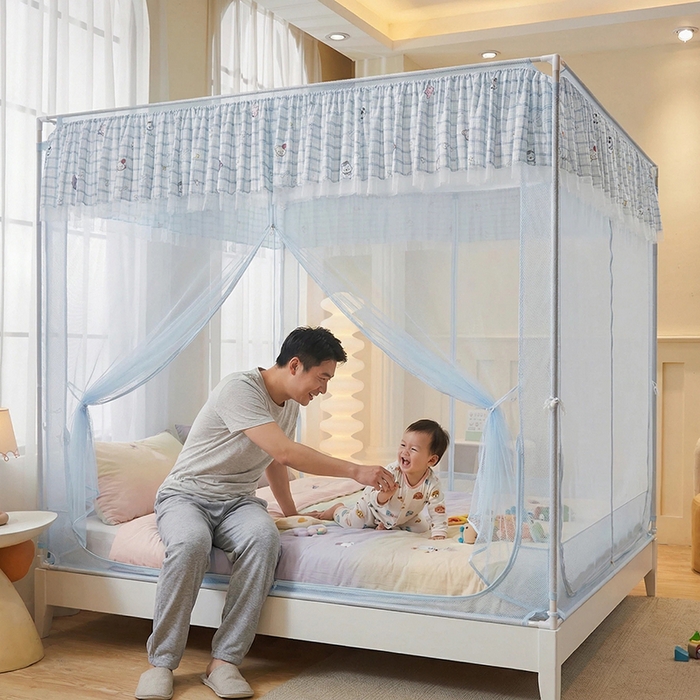 91家纺网 家纺一手货源 找家纺 青竹苑 2026新款花边款床笠底防摔坐床蚊帐 坐床-格子小动物