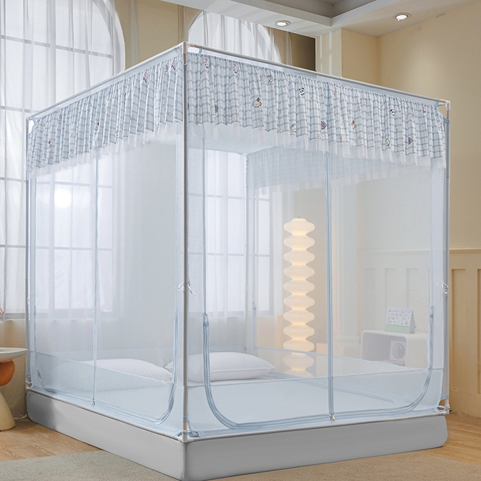 91家纺网 家纺一手货源 找家纺 青竹苑 2026新款花边款床笠底防摔坐床蚊帐 坐床-格子小动物