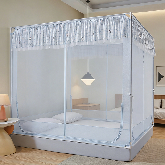 91家纺网 家纺一手货源 找家纺 青竹苑 2026新款花边款床笠底防摔坐床蚊帐 坐床-格子小动物