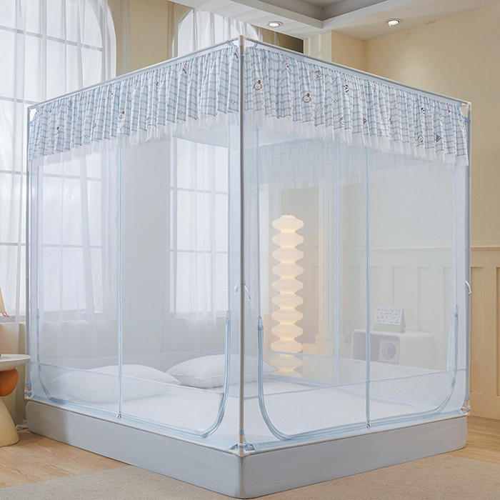 91家纺网 家纺一手货源 找家纺 青竹苑 2026新款花边款床笠底防摔坐床蚊帐 坐床-格子小动物