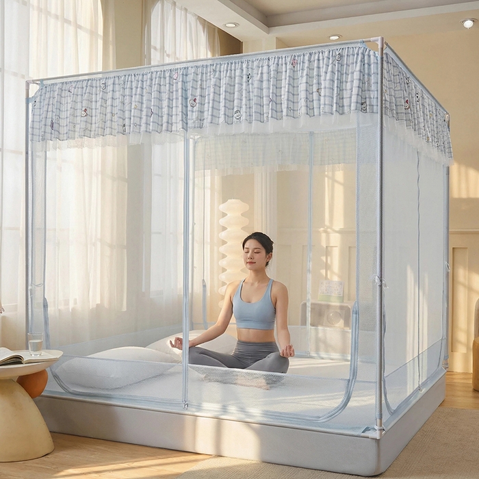 91家纺网 家纺一手货源 找家纺 青竹苑 2026新款花边款床笠底防摔坐床蚊帐 坐床-格子小动物