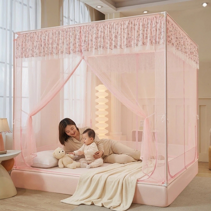 91家纺网 家纺一手货源 找家纺 青竹苑 2026新款花边款床笠底防摔坐床蚊帐 坐床-蝴蝶结花花